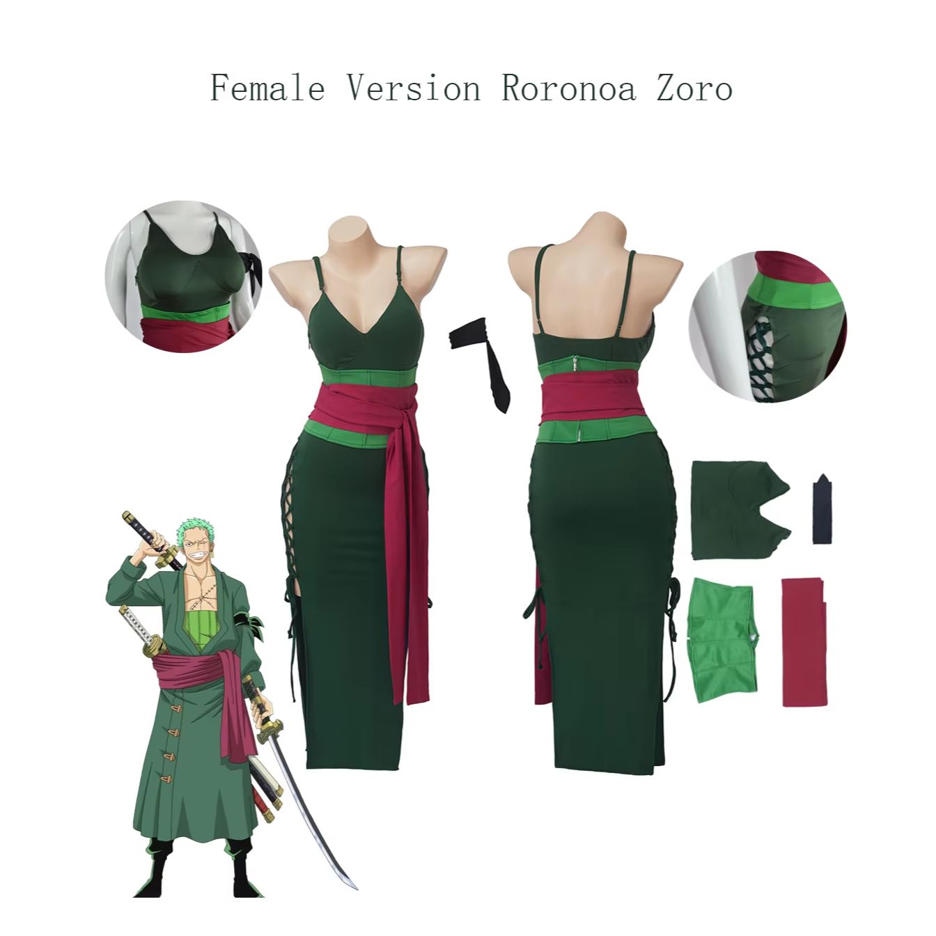 여성용 로로노아 조로 코스프레 의상, 녹색 스파게티 스 - Cosplay Anime Zoro 리뷰 및 가격